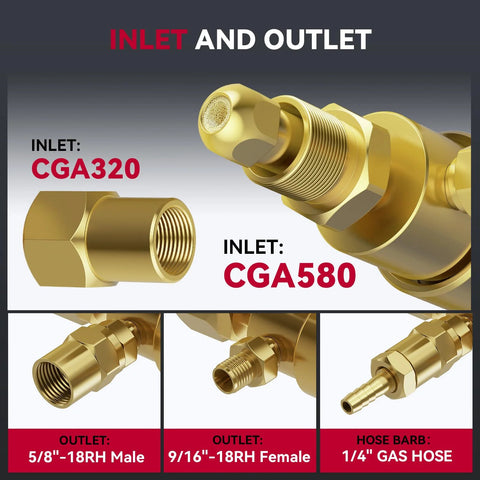 ARCCAPTAIN Argon CO2 welding regulator, brass/gold body with CGA320 and CGA580 inlets