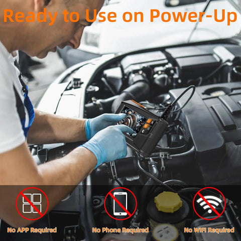 Mechanic using Endoscope Camera With Light 4.3 Inch HD Display 1920P Borescope Snake Inspection IP67 on car engine