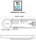 Dimensions for Titanium EDC Wrench For Everyday Carry With One Handed Operation Removable Pocket Clip Paracord Lanyard And Key Ring Universal 25 Size SAE And Metric Wrench Set In Silver, showing weight and size details.
