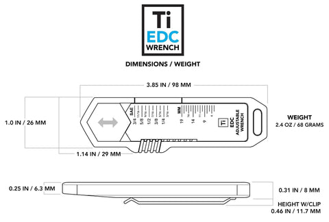 Dimensions for Titanium EDC Wrench For Everyday Carry With One Handed Operation Removable Pocket Clip Paracord Lanyard And Key Ring Universal 25 Size SAE And Metric Wrench Set In Silver, showing weight and size details.