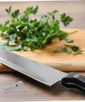Locking Knife Handle Rivets Kit Pro Grade Two Piece Durable Stainless Steel Fasteners shown with knife and herb board