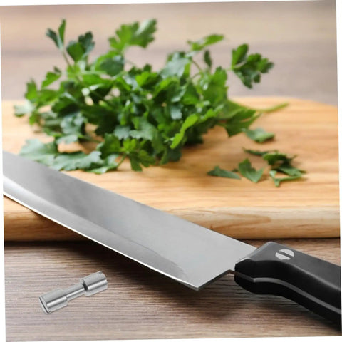 Locking Knife Handle Rivets Kit Pro Grade Two Piece Durable Stainless Steel Fasteners shown with knife and herb board