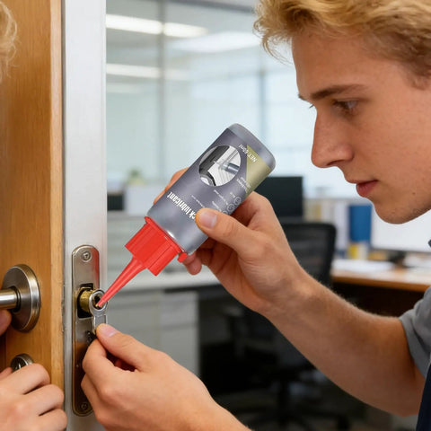 Man applying Lock Lubricant Powder For Keyholes And Lock Cores, Friction Free Graphite Lube For Doors, Drawers And Cabinets on door lock