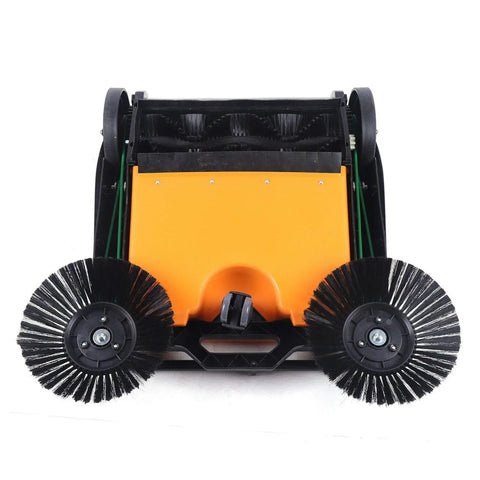 26 8 Inch Manual Walk Behind Floor Sweeper With 4 Gallon Waste Bin Built Like A Tank For Warehouse Garage Driveway showing dual brushes and compact design.