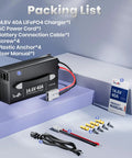 Heavy Hitter 12V 40A LiFePO4 Battery Charger For 14.6V Lithium Batteries with included cables and accessories.