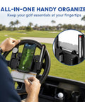 Flip Up Golf Cart Steering Wheel Phone Mount With 360 Adjustable Smartphone Holder showing phone and scorecard on steering wheel.