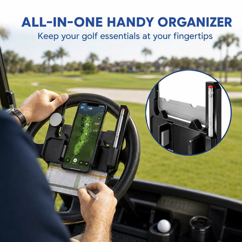 Flip Up Golf Cart Steering Wheel Phone Mount With 360 Adjustable Smartphone Holder showing phone and scorecard on steering wheel.