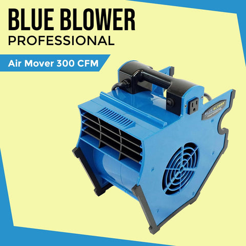 Industrial Air Mover 300 CFM With 3 Speed Settings, blue and black design on a yellow and blue background