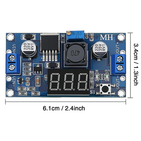 Adjustable DC-DC Buck Converter Power Module With Digital Voltmeter Display, 6.1cm x 3.4cm, showing input/output terminals.