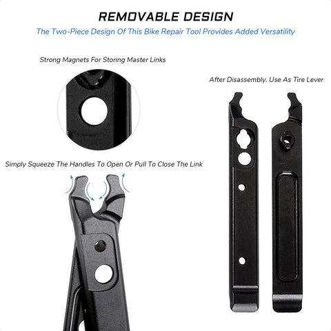 Multi Function Master Link Pliers With Remover Tire Levers Chain Hook And Storage Links showing two-piece design features