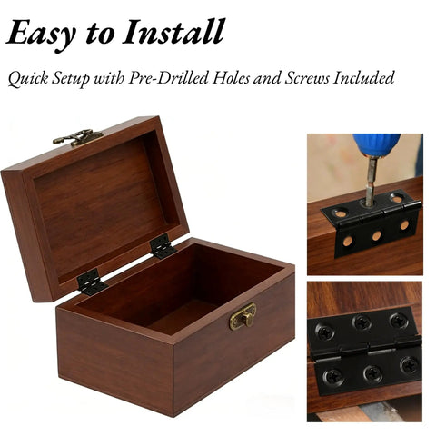 2 Inch Black Stainless Steel Mini Folding Hinges for Small Cabinet Doors and Jewelry Boxes installed on a wooden box