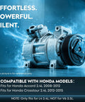 Keep Your Whip Chill With This Heavy Duty AC Compressor And Clutch Assembly For Honda Accord Crosstour Twenty Four Liter Underhood Setup Direct Replacement Cooling System Component, showcasing a detailed compressor design.