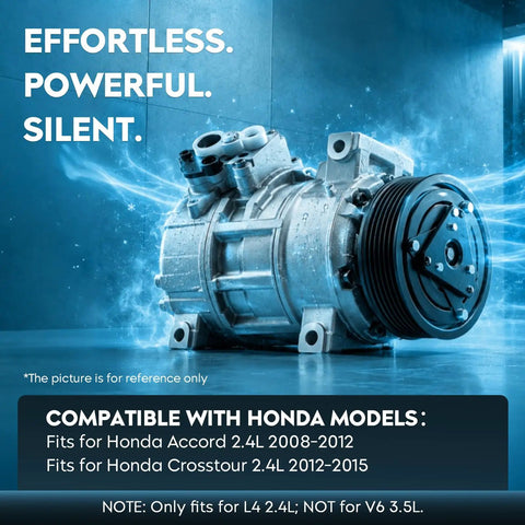 Keep Your Whip Chill With This Heavy Duty AC Compressor And Clutch Assembly For Honda Accord Crosstour Twenty Four Liter Underhood Setup Direct Replacement Cooling System Component, showcasing a detailed compressor design.