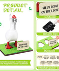 Magnetic Goose Key Holder With Wooden Base Interchangeable Signs And Writable Chalk Signs Chalk Accessories Cute Resin Statue Decor For Home Or Office Goose Not Included Awesome Gift Idea For Housewarming Or Office Decor Fans displayed with grass print stand, writable sign, and interchangeable quotes.