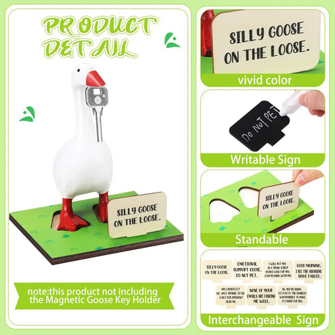 Magnetic Goose Key Holder With Wooden Base Interchangeable Signs And Writable Chalk Signs Chalk Accessories Cute Resin Statue Decor For Home Or Office Goose Not Included Awesome Gift Idea For Housewarming Or Office Decor Fans displayed with grass print stand, writable sign, and interchangeable quotes.