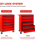 Twenty Inch Five Drawer Rolling Steel Tool Chest With Slick Powder Coated Finish For Garage Shop Daily Grind Heavy Duty Mobile Storage Cabinet showing key lock system in locked and unlocked positions.
