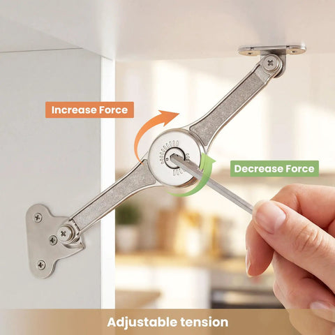 Close-up of 2 Pack Adjustable Lid Support Hinges for Wooden Toy Boxes, showcasing soft close function and adjustable tension feature.