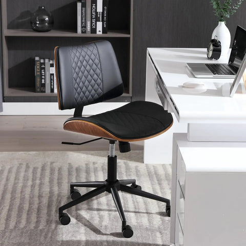 Armless Office Chair With Wheels For Home Office, Adjustable Height, PU Leather Mid Back, 360 Degree Swivel Desk Chair, Black