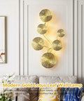 Lux Lotus Leaf Wall Sconce Night Light With Gold Finish mounted on wall in living room setting