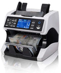 IMC01 Bank Grade Money Counter With Mixed Denominations And Multi Currency Support, Serial Number Tracking, 2 CIS UV IR MG MT Counterfeit Detection, Printer Compatible, White, 2 Year Warranty displaying cash counting with digital screen