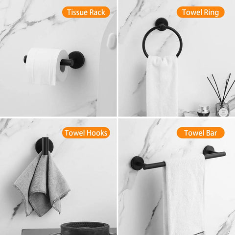 Matte Black Stainless Steel 10 Piece Bathroom Hardware Set With 2 16 Inch Towel Bars 4 Towel Hooks 2 Toilet Paper Holders And 2 Towel Rings For A Modern Dope Bathroom Setup That Boosts Style Functionality And Organization shown installed on marble wall, featuring towel bar, ring, hooks, and tissue rack