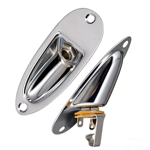 Built Tough 1/4 Inch Mono Guitar Output Jack Plate With Mounting Screws, shiny chrome alloy socket with connector.