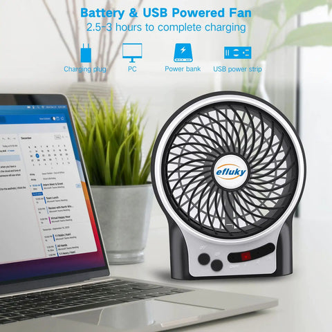 4.9 Inch Mini Desk Fan With 3 Speed Settings, Rechargeable Battery Or USB Powered on a desk beside a laptop and plant