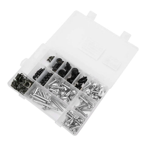Aluminum Motorcycle Fairing Bolt Kit One Stop With Assorted Screws And Fasteners For Sports Bikes Replacement Hardware Silver Finish Durable OEM Grade Hardware in a transparent box
