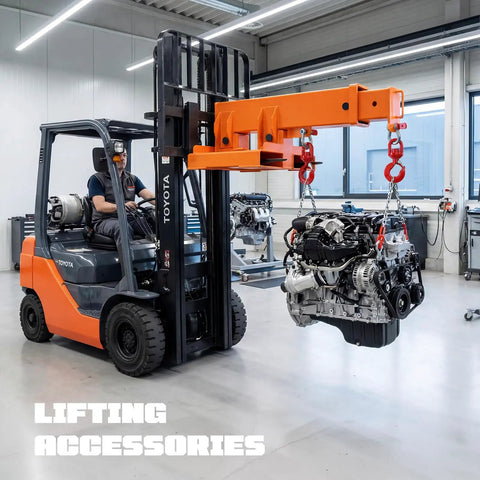 Heavy Duty Forklift Jib Boom Crane Attachment With No Fuss Tool Free Setup And Rock Solid Steel Build For Swift Rigging Up To 5511 Pounds Load Capacity Featuring Dual Swivel Hooks And Flexible Angles lifting an engine in a workshop.
