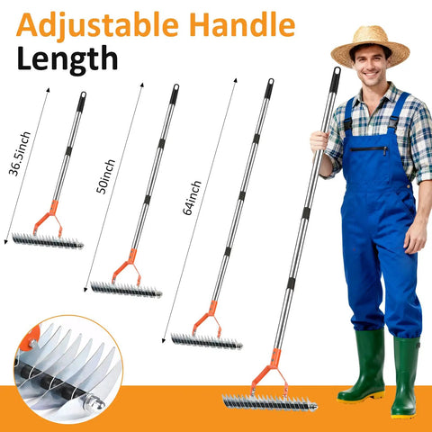 Heavy Duty Thatch Rake With Adjustable Handle 15 Inch Dethatcher Rake For Lawn Garden And Yard Cleanup Strong Steel Construction