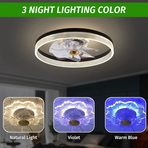 Low Profile Flush Mount Ceiling Fan With Light And Remote Control, 20 Inch DC Quiet 6 Speed Ceiling Fan, Dimmable LED Light, color modes