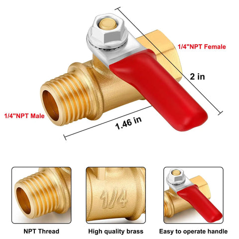 Brass 1/4 Inch NPT Air Compressor Valve Set, Heavy Duty Shutoff, Male To Female Pipe Fittings, 3 Pack 1/4 NPT Thread