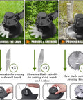 Cordless 21V 4 in 1 Weed Eater With Brush Cutter Edger And Grass Trimmer Stringless Lightweight Garden Tool showing blades and uses.