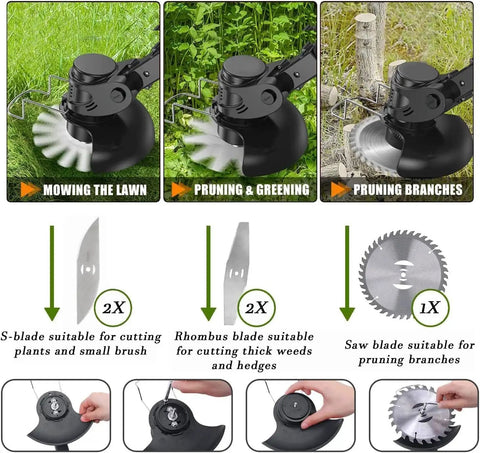Cordless 21V 4 in 1 Weed Eater With Brush Cutter Edger And Grass Trimmer Stringless Lightweight Garden Tool showing blades and uses.