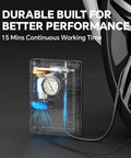 Portable 12V Tire Inflator With Analog Gauge, 100 PSI Quick Air Pump features exposed internal design, shown near tire.