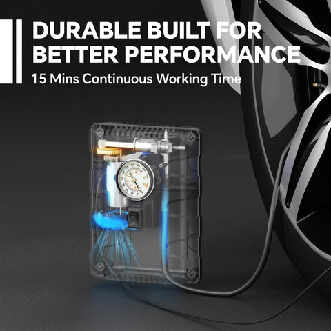 Portable 12V Tire Inflator With Analog Gauge, 100 PSI Quick Air Pump features exposed internal design, shown near tire.