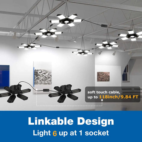 Plug In Garage Shop Light 20000LM Ultra Bright Daylight 6500K 200W 4 pack linkable ceiling lights in a modern garage setup
