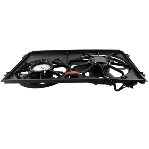Heavy Duty Engine Radiator Dual Cooling Fan Assembly For Volkswagen Beetle Golf Jetta Passat Rabbit 2005 To 2013, side view, dual fans and wiring.