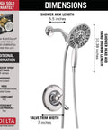 Linden 17 Series Dual-Function Shower Trim Kit With 4-Spray In2ition 2-In-1 Dual Handheld Shower Head And Hose In Chrome Finish Valve Not Included Easy Install With Universal Rough-In Valve Option showing dimensions and components.