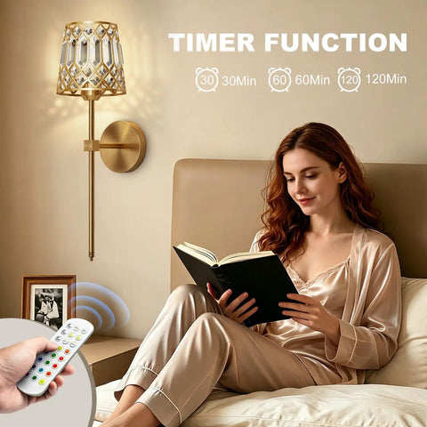 Gold Rechargeable Wireless Wall Sconces Set Of 2 With Remote Dimmable Accent Lamps Home Decor, timer function, reading light by bed.