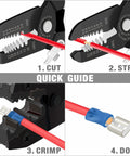 Quick guide for Crimp Like A Pro Wire Crimping Tool Kit with wire stripper, ratchet action, and interchangeable dies for electrical projects