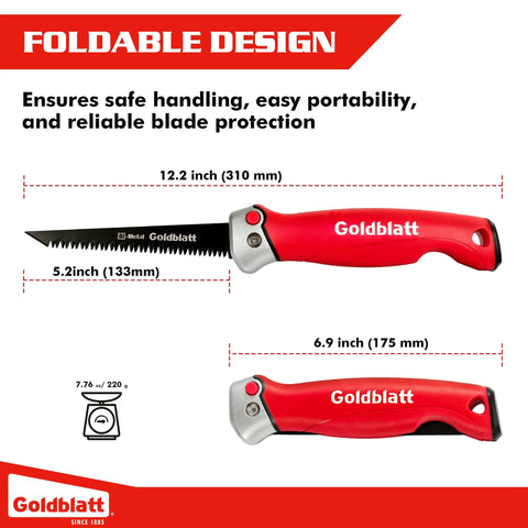 Folding Drywall Saw With Soft Grip Handle Jab Saw For Sheetrock Wallboard Plywood And PVC Pro Grade Tool With Triple Ground Teeth For Fast Smooth Cutting Eleven And Three Quarters Inch Overall Length, shown folded and extended