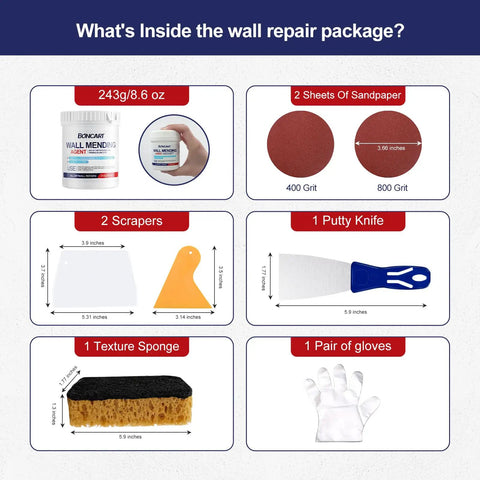 8.6oz Drywall Patch Repair Kit All In One Tool Set With Scrapers Sandpaper Texture Sponge Gloves And Putty Knife For Fast Wall Hole Repair Ideal For DIY Projects And Professional Contractors