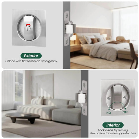 Keyless Privacy Pocket Door Lock With Visual Indicator For Bedroom And Bathroom Sliding Doors Square Handle Rust Proof Zinc Alloy Hardware For Interior Doors Easy Install And Smooth Quiet Operation installed view in a modern bedroom and living room.