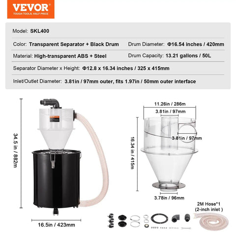 Cyclone Dust Separator with Metal Tank for Dust Collectors 4 Inch Retrofit Cyclone ABS Body and 2 Inch OD Connector in 13.21 Gallon Tank