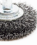Heavy Duty One And One Half Inch Grinder Mounted Crimped Wire Wheel For Drill With One Quarter Inch Shank For Rust Removal, close-up view