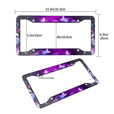 Universal Durable Aluminum License Plate Frame Cover 12.3 x 6.3 Inch Car Plate Holder Decor For Women And Men 2 Pack With Screws Weatherproof Easy Fit showing colorful butterfly pattern
