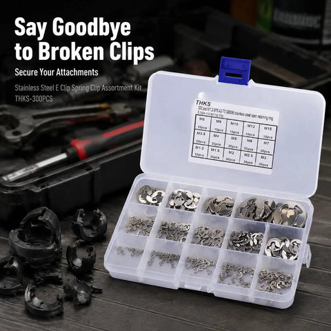 Pro Grade Stainless Steel E Clip Set With 300 Pcs Assortment, Covers M1.2 To M15 Retaining Rings in open box with clips visible