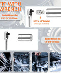Universal Socket Wrench Set With Three Eighths Inch Ratchet And Drill Adapter Chrome Vanadium Steel Repair Tool Kit for auto and DIY.