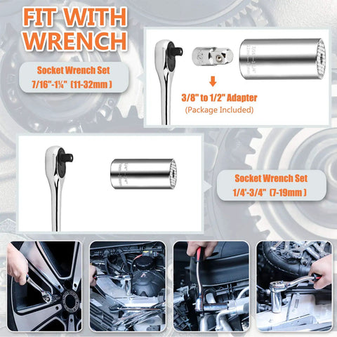 Universal Socket Wrench Set With Three Eighths Inch Ratchet And Drill Adapter Chrome Vanadium Steel Repair Tool Kit for auto and DIY.
